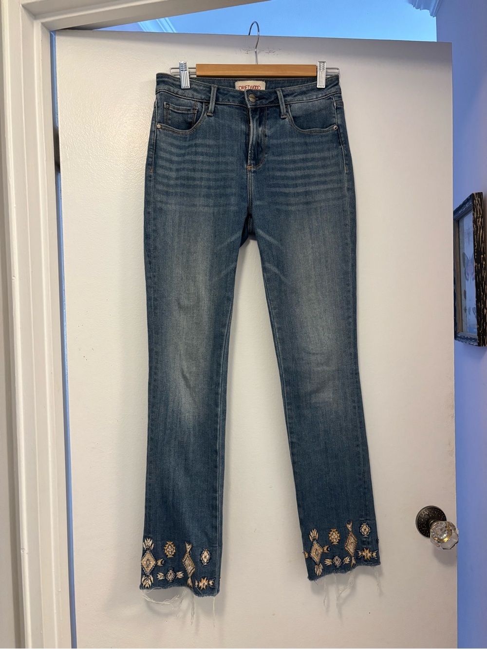 Driftwood Colette boho Embroidered Hem Blue Women's Straight Jeans 26/26